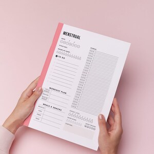 May include: A printable menstrual cycle tracker with sections for tracking dates, cycle days, hours of sleep, to-do list, workout plan, meals and snacks, energy level, water intake, mood tracker, and symptoms.