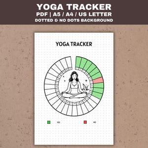 May include: A printable yoga tracker with a circle divided into 31 sections. Each section has a number. A woman in a yoga pose is in the center of the circle. The sections are colored green and pink to indicate whether the user has completed their yoga practice for the day. The text "YES" and "NO" are below the circle.