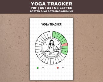 May include: A printable yoga tracker with a circle divided into 31 sections. Each section has a number. A woman in a yoga pose is in the center of the circle. The sections are colored green and pink to indicate whether the user has completed their yoga practice for the day. The text "YES" and "NO" are below the circle.