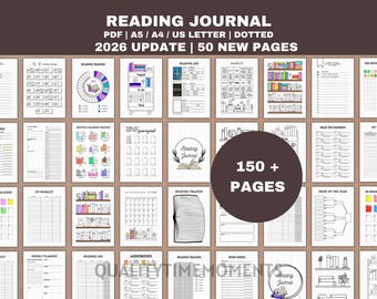 Puede incluir: Un conjunto de plantillas de diario de lectura digital con más de 150 páginas que incluyen varios diseños, como rastreadores de lectura, registros, planificadores mensuales y listas de libros. El texto dice READING JOURNAL PDF A5 A4 US LETTER DOTTED 2026 UPDATE 50 NEW PAGES.