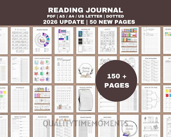 Reading Journal Printable – Book Tracker Pages, Reading Challenge PDF (Dotted)