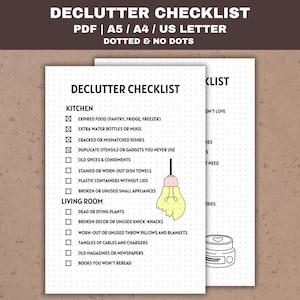 May include: A printable decluttering checklist for the kitchen and living room. The checklist includes items such as expired food, extra water bottles, duplicate utensils, stained dish towels, dead plants, and old magazines. The checklist is designed for use with a dotted notebook.