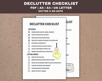 May include: A printable decluttering checklist for the kitchen and living room. The checklist includes items such as expired food, extra water bottles, duplicate utensils, stained dish towels, dead plants, and old magazines. The checklist is designed for use with a dotted notebook.