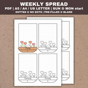 May include: Printable weekly planner pages with a dotted grid and a floral design. The pages are labeled with the days of the week: Monday, Tuesday, Wednesday, and Thursday. The design features a potted plant with hearts for flowers.