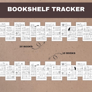 this reading journal bundle contains: 12 bookshelf tracker  pages with 20 books per page and 12 bookshelf tracker pages with 10 books per page for each month