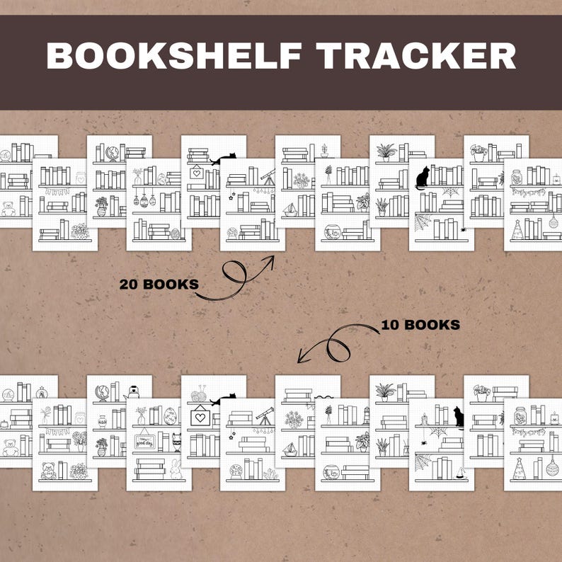 this reading journal bundle contains: 12 bookshelf tracker  pages with 20 books per page and 12 bookshelf tracker pages with 10 books per page for each month
