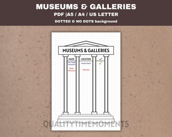 Museums Bucket List Printable Galleries Checklist - Travel Journal Page, Planner Insert PDF