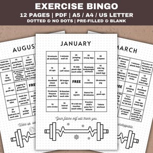 May include: A printable exercise bingo card with a black and white design. The card features a variety of exercises, including squats, lunges, push-ups, and planks. The card is divided into a 5x5 grid, with the center square labeled "FREE". The card is titled "JANUARY" and includes the text "Your future self will thank you".