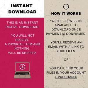 May include: A pink and beige graphic with the text "INSTANT DOWNLOAD" and "HOW IT WORKS". The graphic explains that the purchase is a digital download and that the files will be available to download once payment is confirmed. The files can be downloaded via email or by accessing the account.