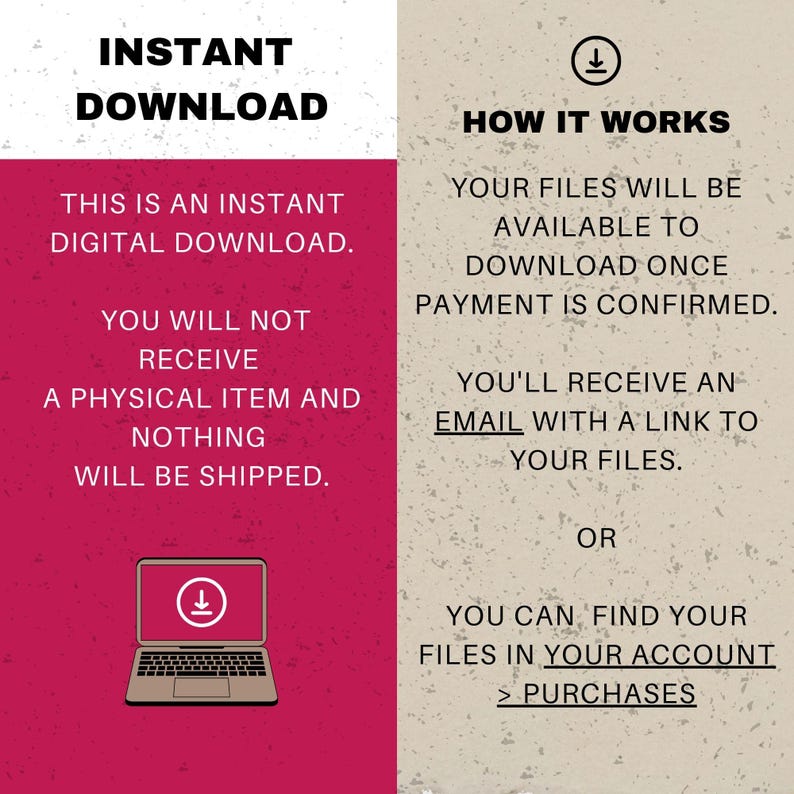 May include: A pink and beige graphic with the text "INSTANT DOWNLOAD" and "HOW IT WORKS". The graphic explains that the purchase is a digital download and that the files will be available to download once payment is confirmed. The files can be downloaded via email or by accessing the account.