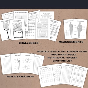 there are also challenges: 30 day no alcohol challenge, no sweets, water challenge, 100 miles running challenge, workout challenge, cycling challenge, walking challenge, ... There are also page with measurements, meal plan pages