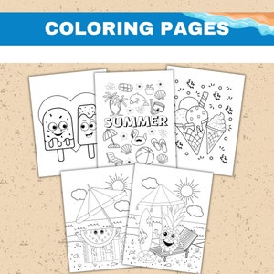 May include: A collection of summer-themed coloring pages. Each page features black and white illustrations of ice cream, beach scenes, and summer icons like sunglasses, beach balls, and palm trees. The words "COLORING PAGES" are at the top.