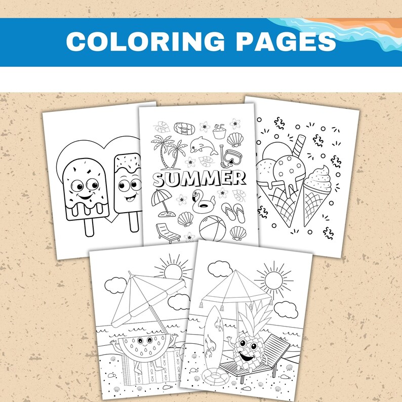 May include: A collection of summer-themed coloring pages. Each page features black and white illustrations of ice cream, beach scenes, and summer icons like sunglasses, beach balls, and palm trees. The words "COLORING PAGES" are at the top.