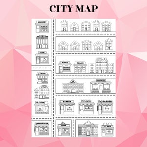 K&ouml;nnte beinhalten: Eine Schwarzwei&szlig;-Zeichnung eines Stadtplans mit verschiedenen Geb&auml;uden und Gesch&auml;ften. Die Geb&auml;ude umfassen eine W&auml;scherei, ein Caf&eacute;, ein Postamt, ein Krankenhaus, eine Bibliothek, ein Restaurant, eine B&auml;ckerei, einen Blumenladen, einen Friseurladen, einen Sch&ouml;nheitssalon, eine Pizzeria, ein Museum und ein Tiergesch&auml;ft.