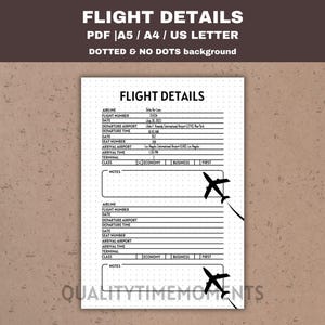 Rastreador de vuelos imprimible: Registro de detalles de vuelo, diario de viaje, página PDF