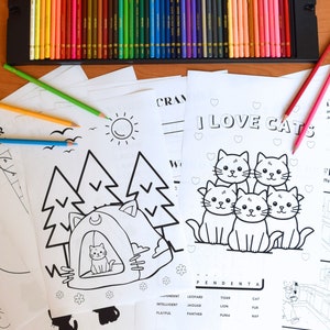 May include: Black and white coloring pages featuring a variety of themes, including a camping scene, a cat family, and a word search puzzle. The pages are printed on white paper and have a variety of line thicknesses.