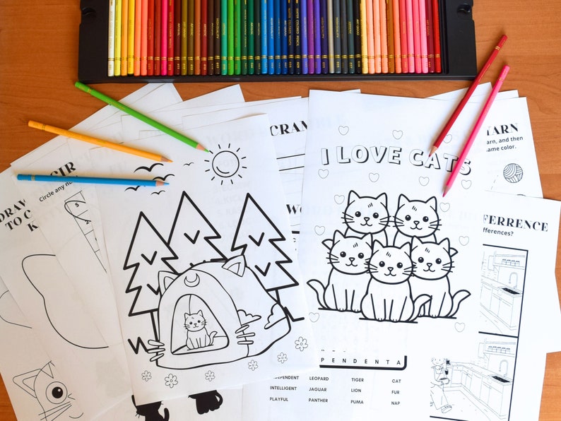 May include: Black and white coloring pages featuring a variety of themes, including a camping scene, a cat family, and a word search puzzle. The pages are printed on white paper and have a variety of line thicknesses.