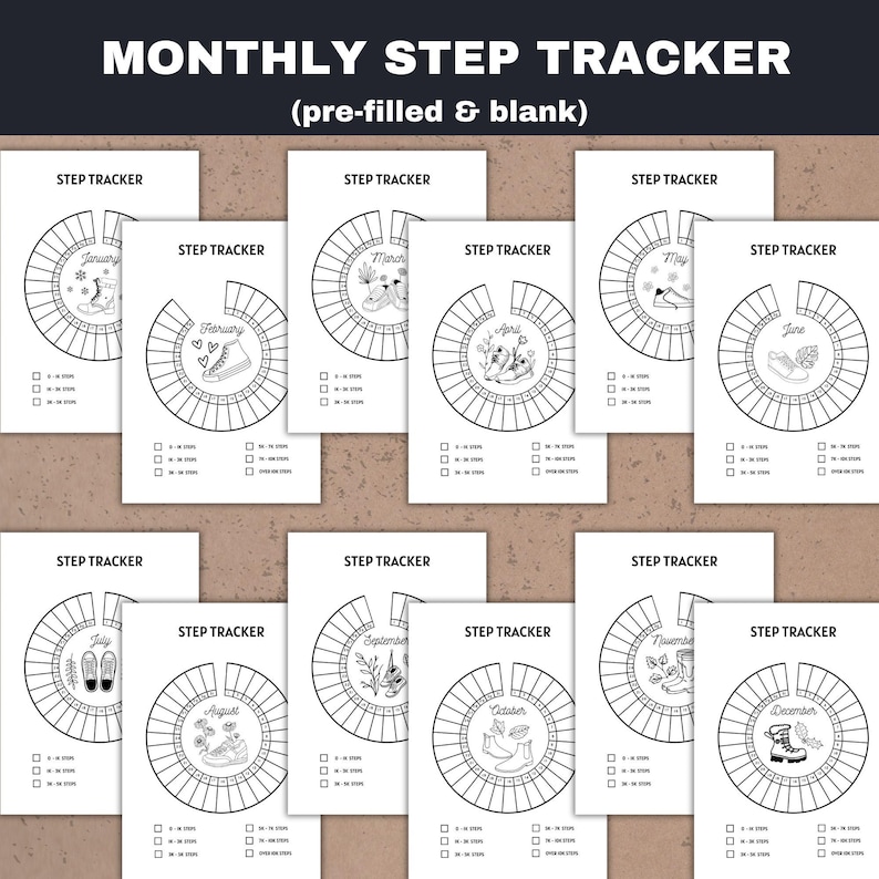 monthly step tracker for each month - pre-filled and blank