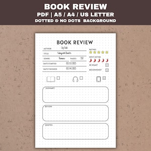 May include: A black and white printable book review template with dotted background. The template includes sections for author, title, genre, pages, date started, date finished, rating, spicy meter, re-read, recommend, summary, review, and quotes.
