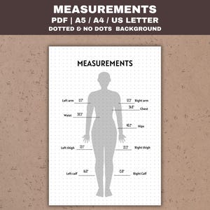 Puede incluir: Un gráfico de medidas corporales imprimible con una silueta gris de una persona. El gráfico incluye etiquetas para medidas como pecho, cintura, caderas, brazo izquierdo, brazo derecho, muslo izquierdo, muslo derecho, pantorrilla izquierda y pantorrilla derecha. El gráfico está sobre un fondo blanco con un patrón de puntos.