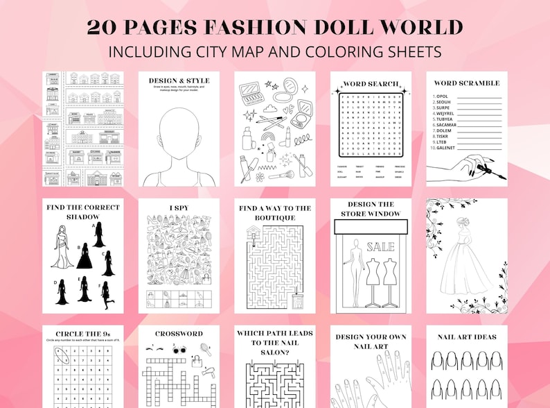 20 pages activities for kids, fashion themed. There are mazes, wordsearch, word scrumble, i spy ...Fashion themed activities: Nail ideas, make up, design clothes store window ...