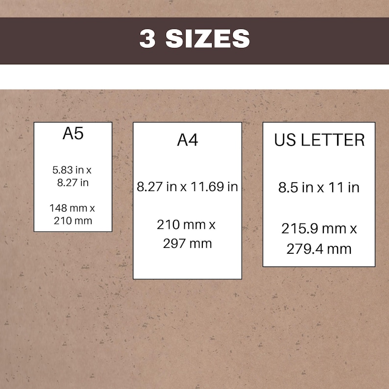 three sizes: a5, a4, usletter