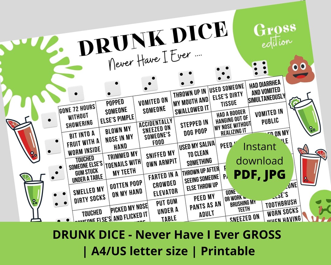 Drunk Dice Never Have I Ever Gross Questions Printable Drinking Board