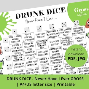 Drunk Dice Never Have I Ever Gross Questions Printable Drinking Board Game Adult Party Game Roll the Dice Alcohol Game Drink if