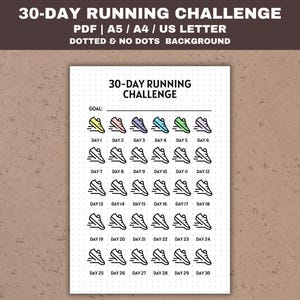 Puede incluir: Un rastreador de desafío de carrera de 30 días imprimible con un fondo punteado. El rastreador presenta un icono de zapato para correr para cada día del mes. El rastreador incluye un espacio para escribir un objetivo.