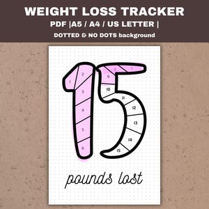 Puede incluir: Un rastreador de pérdida de peso imprimible con un número 15 rosa y negro dividido en 15 secciones. El texto "pounds lost" está escrito debajo del número.