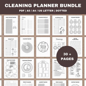 Peut inclure: Un ensemble de planificateurs de nettoyage imprimables, avec des listes de contrôle, des suivis et des défis. Les pages sont en noir et blanc, avec des titres tels que "Cleaning Checklist" et "30+ Pages". Disponible en format PDF.