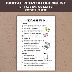 Könnte beinhalten: Eine digitale Aktualisierungs-Checkliste mit Kontrollkästchen und Symbolen für E-Mails, PC/Laptop und Telefon. Die Checkliste enthält Aufgaben wie das Abbestellen von unerwünschten Newslettern, das Löschen von Spam-E-Mails, das Organisieren des Posteingangs, das Löschen alter Entwürfe und gesendeter E-Mails, das Archivieren wichtiger E-Mails, das Löschen unnötiger Dateien und Downloads, das Organisieren des Desktops und von Ordnern, das Leeren des Papierkorbs, das Aktualisieren von Software und Sicherheit, das Löschen des Browser-Caches und von Cookies, das Löschen nicht mehr benötigter Apps, das Löschen alter Nachrichten, das Organisieren von Fotos, das Deaktivieren von Benachrichtigungen für unnötige Apps und das Bereinigen des Startbildschirms und das Organisieren von Symbolen.