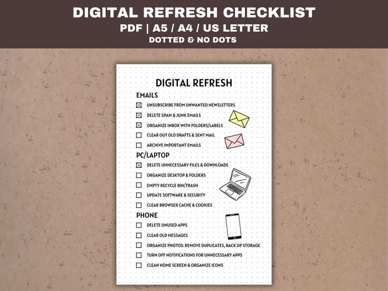 digital refresh checklist - declutter your digital space. Three categories: emails, pc/laptop and phone