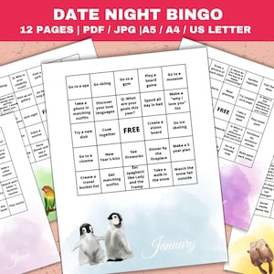 Bingogame voor date-avond Afdrukbaar Jaar van de data Bingogame voor stellen Datum-avondkaarten Daten Bingorelatie Bingoactiviteiten voor stellen