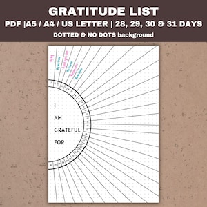 May include: A black and white printable gratitude list with a dotted background. The list is in the shape of a circle with the words "I am grateful for" written in the center. The circle is divided into 31 sections, each with a number from 1 to 31.