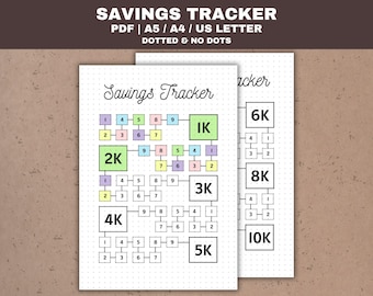 May include: A printable savings tracker with a grid of numbers and a series of boxes labeled with different amounts of money, such as 1K, 2K, 3K, 4K, 5K, 6K, 8K, and 10K. The tracker is designed to help people track their savings goals.