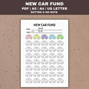 Peut inclure: Un suivi de fonds pour une nouvelle voiture imprimable avec un objectif de 20 000 $ et un montant d'épargne de 300 $ par voiture. Le suivi comporte 67 petites icônes de voitures à colorier au fur et à mesure que vous économisez.