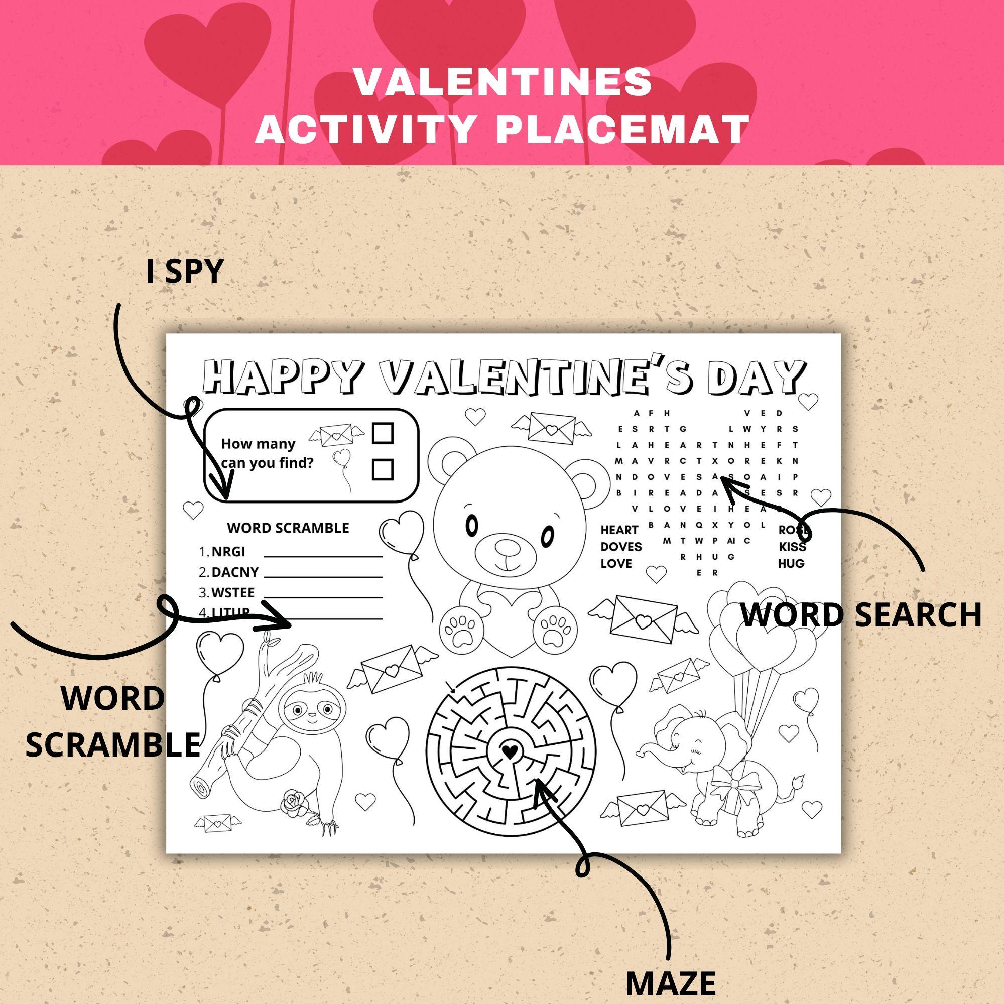 Valentines Activity Placemat Printable Valentines Activity for Kids ...