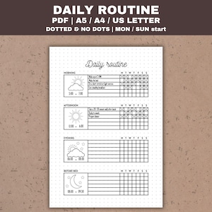 Dagelijkse routine dagboek pagina Wekelijkse routine grafiek afdrukbare opsommingsteken planner dagelijkse checklist gestippelde pagina planner invoegingen pdf gewoonte tracker