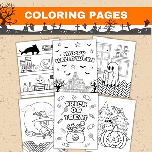 6 Halloween coloring pages,  Two pages are with titles, one is with Happy Halloween and the second with Trick or Treat, On the third page is ghost who is reading, fourth page is with witch fifth is with ghost in the wood, sixth is witch bookshelf