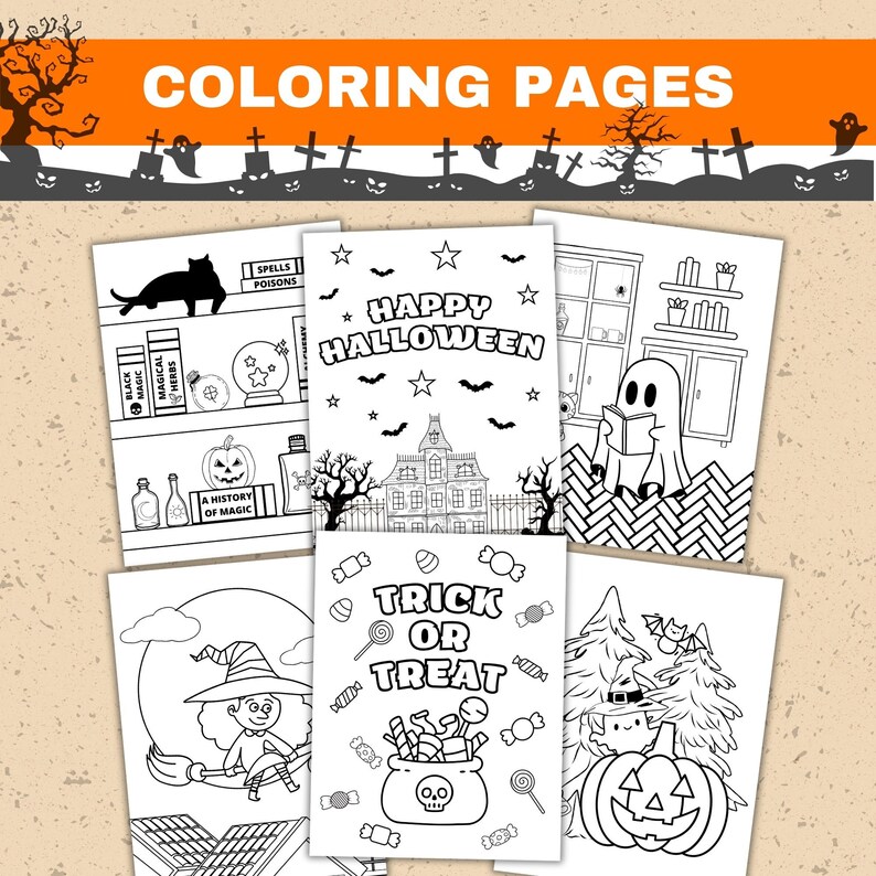 6 Halloween coloring pages,  Two pages are with titles, one is with Happy Halloween and the second with Trick or Treat, On the third page is ghost who is reading, fourth page is with witch fifth is with ghost in the wood, sixth is witch bookshelf