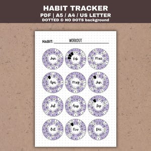 May include: A white habit tracker with a dotted background. The tracker features 12 circular calendars, one for each month, in a light purple color. The text "HABIT TRACKER" is at the top, along with "PDF | A5 / A4 / US LETTER" and "DOTTED & NO DOTS background."