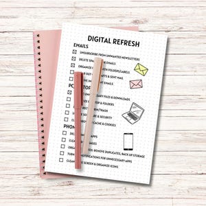 May include: A checklist for a digital refresh, with sections for emails, computer, phone, and photos. The checklist includes tasks like unsubscribing from unwanted newsletters, deleting spam emails, organizing files, clearing browser cache, and removing duplicate photos.