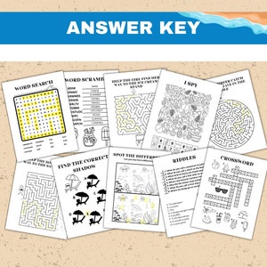 May include: A collection of black and white activity pages with summer-themed puzzles, including word searches, mazes, and riddles. The title "ANSWER KEY" is displayed at the top. The pages are arranged on a sandy surface.