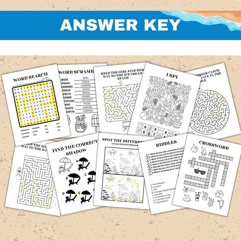 May include: A collection of black and white activity pages with summer-themed puzzles, including word searches, mazes, and riddles. The title "ANSWER KEY" is displayed at the top. The pages are arranged on a sandy surface.