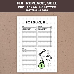 Pode incluir: Uma lista de verificação imprimível com três seções: Consertar, Substituir e Vender. Cada seção tem uma lista de itens para marcar. A lista de verificação é projetada para organizar as tarefas domésticas e inclui ícones para uma chave de fenda, um símbolo de reciclagem e uma bolsa de dinheiro.