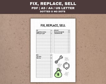 May include: A printable checklist with three sections: Fix, Replace, and Sell. Each section has a list of items to check off. The checklist is designed for organizing household tasks and includes icons for a wrench, a recycle symbol, and a money bag.