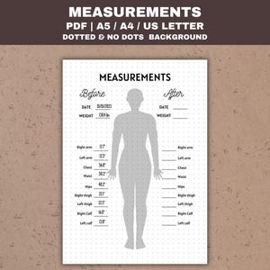 Könnte beinhalten: Druckbarer Körpermaß-Chart mit einer grauen Silhouette einer Person. Der Chart ist in "Vorher" und "Nachher" Abschnitte unterteilt mit Platz zum Aufzeichnen von Datum, Gewicht und Maßen für verschiedene Körperteile. Der Chart hat einen gepunkteten Hintergrund.
