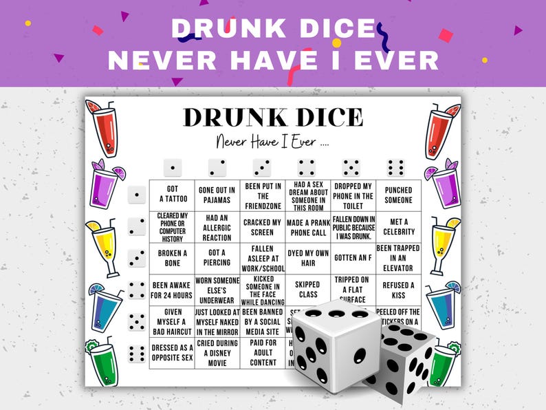 Drunk Dice Never Have I Ever Game: Adult Party Printable (digital