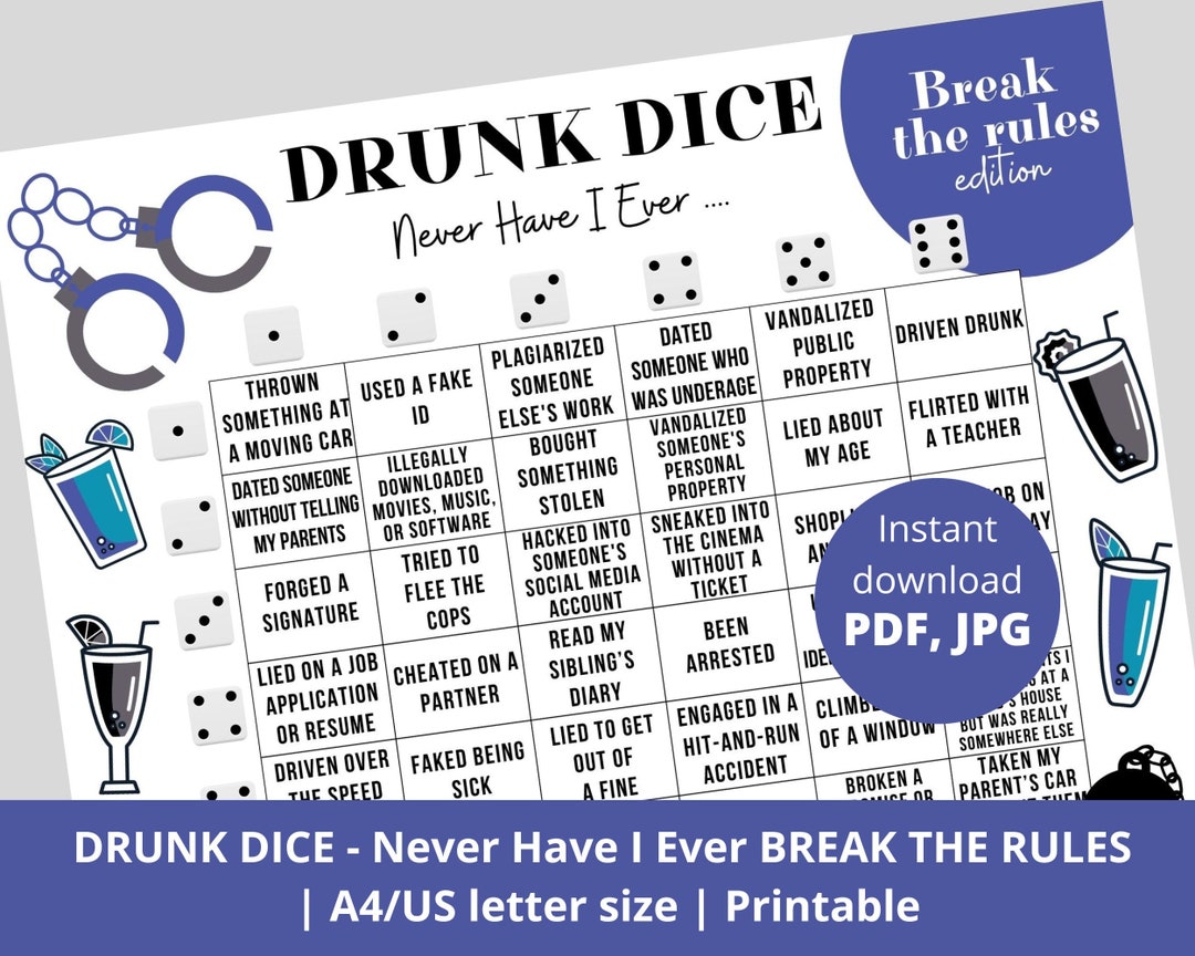 Drunk Dice Never Have I Ever Break the Rules Questions Printable